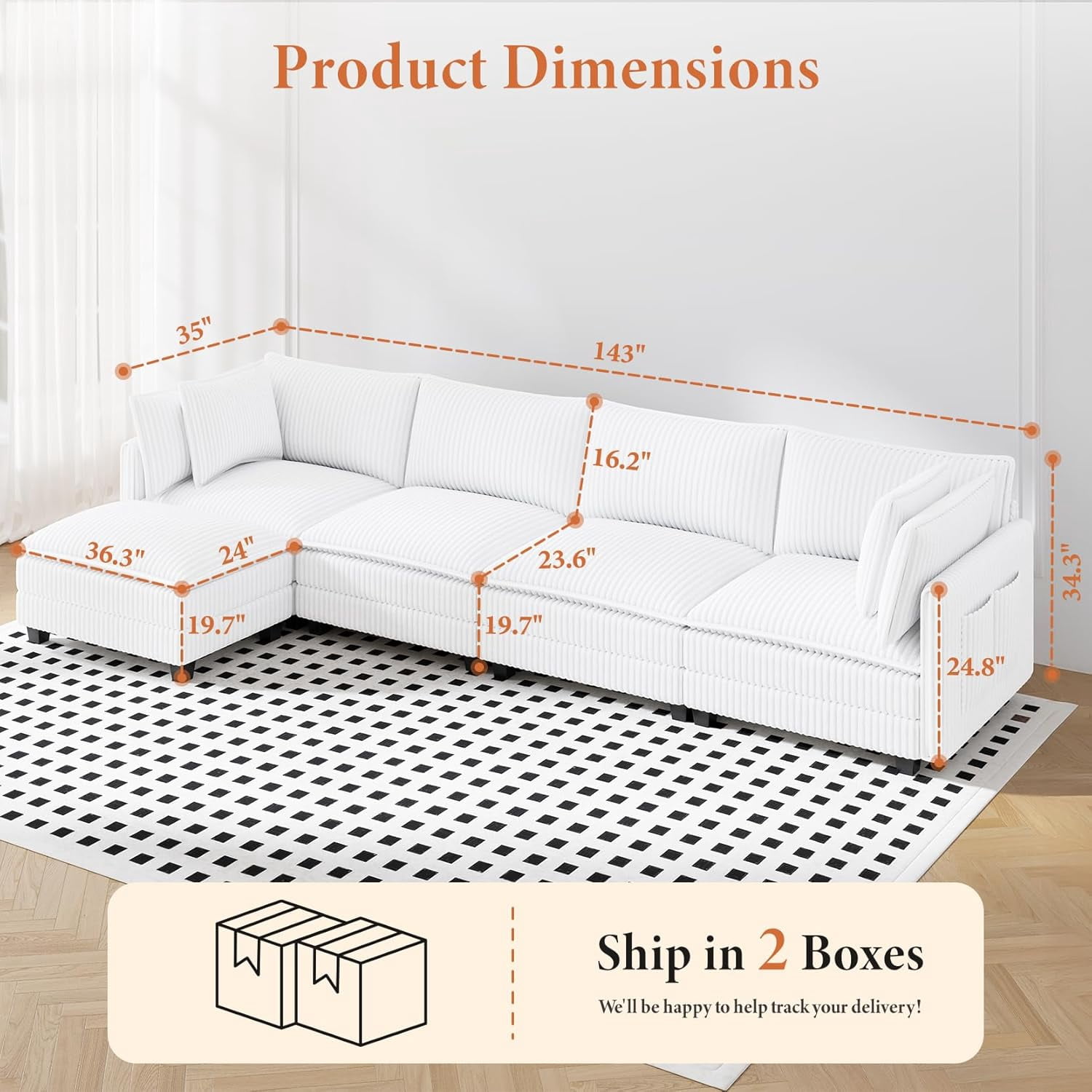 Neche 143" L Shaped Modular Sectional Sofa, Comfy Corduroy Upholstered Modular Sectional Couches for Living Room, Modern Cloud Couch with Ottoman Deep Seat, Warm White