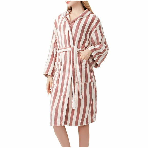 Fuzzy Striped Robe for Women Thickened Winter Hooded Kimono Bathrobe Warm Fleece Soft Nightgown Sleepwear with Pockets