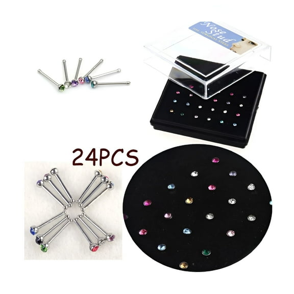 DESIGNICE 24Pcs Mixed Color Crystal Rhinestone Nose Rings Body Piercing Jewelry Dangle Nose Ring