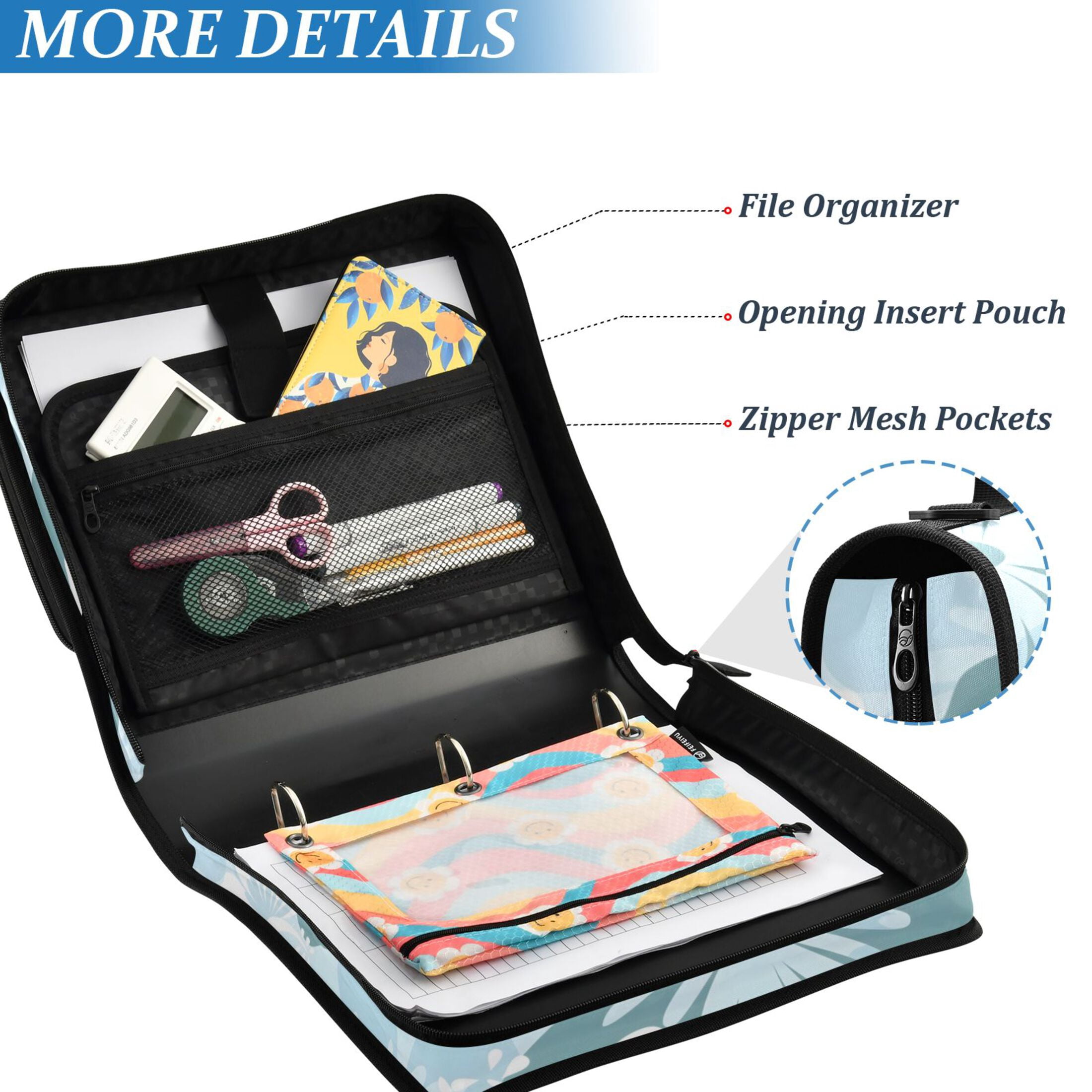 ALAZA Zipper Binder Hibiscus with Blue and White 3 Ring Trapper Keeper File Folder Organizer Bag