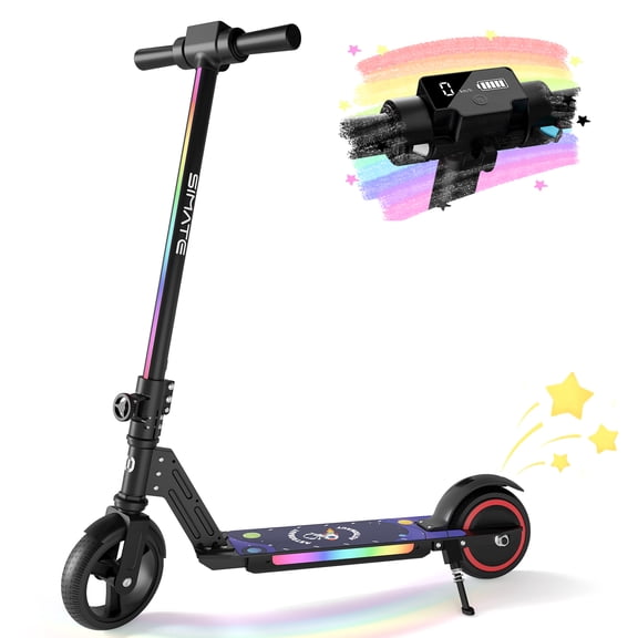 Electric Scooter for Kids Ages 6 ,Max Speed 8.7 mph,5 Miles Range,Rainbow LED Lights&Display,Foldable&Portable