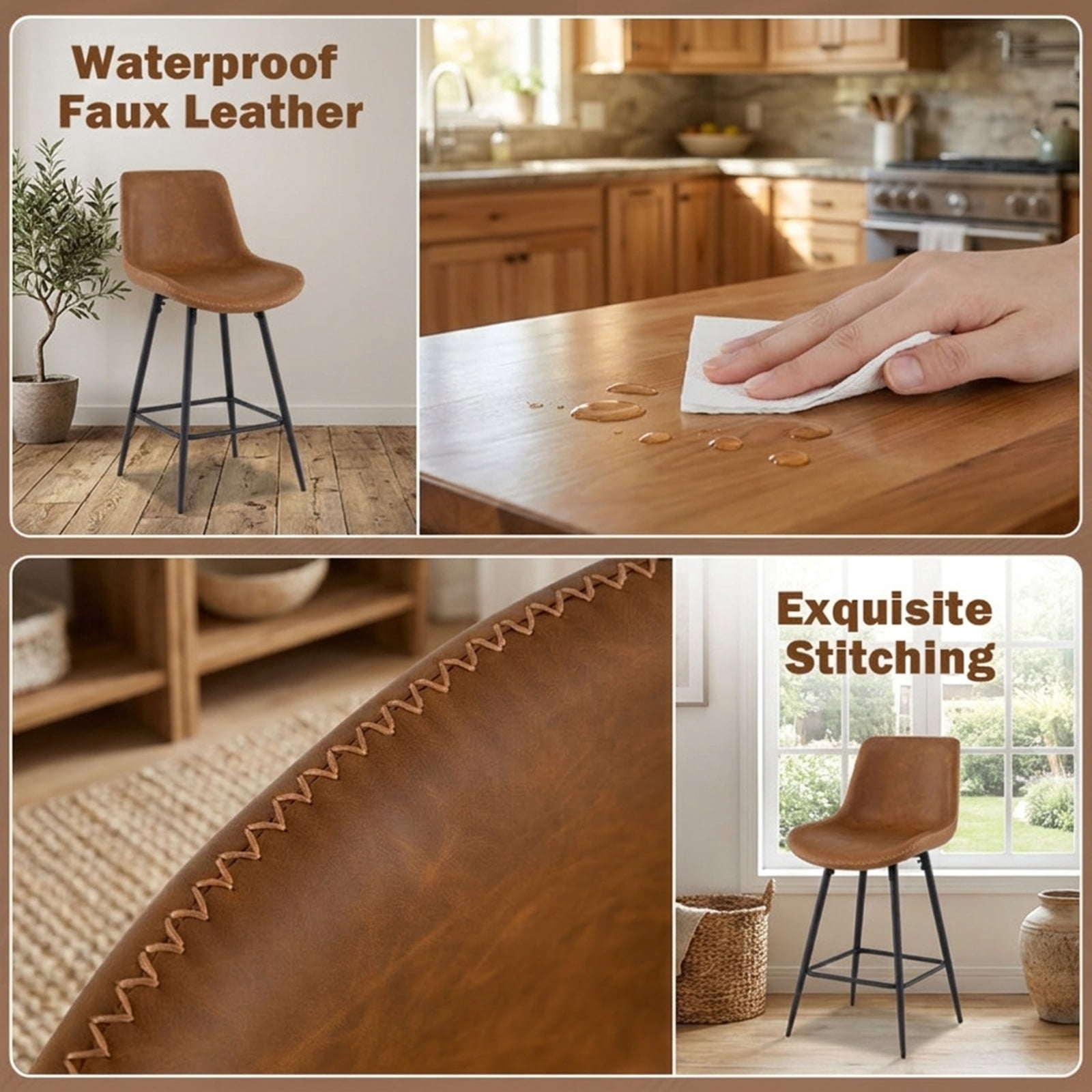 Furnibear 24 Inch Bar Stools Set of 2 with Backs and Footrests for Kitchen Island Counter Bar Pub Dining Home, Brown