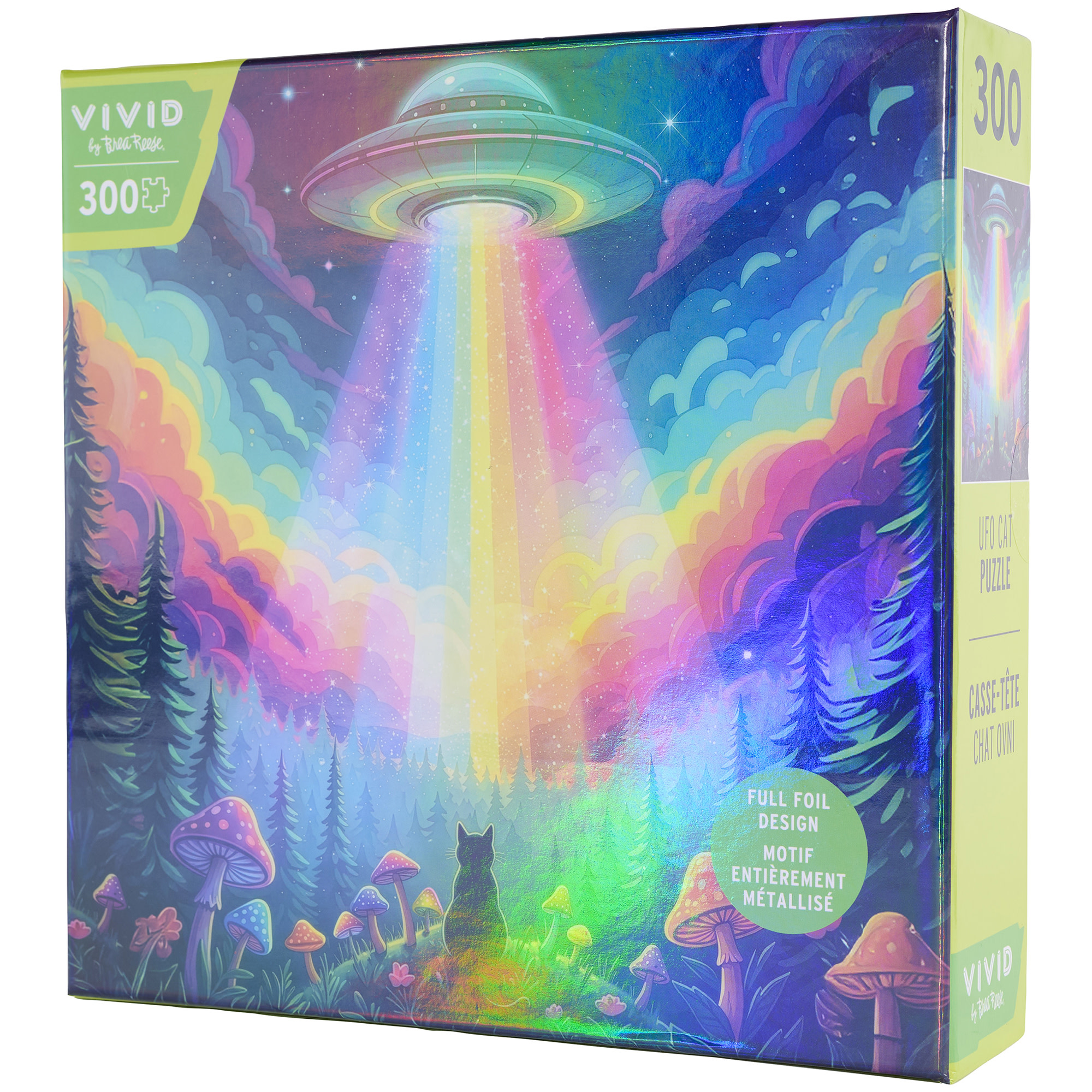 Vivid by Brea Reese: 300 Piece Puzzle - UFO Cat - Beam Me Up Spaceship Landscape Scene Jigsaw, Holographic Foil, Soft-Touch, Image Reference Poster