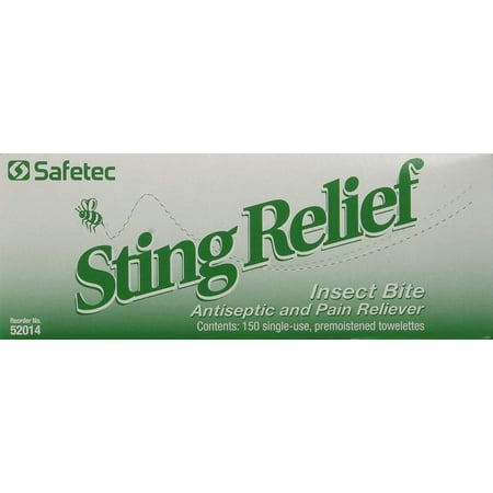 - Sting Relief 150 Packet Box, Individually wrapped Sting Relief wipes in a pack of 150 swabs By Safetec,USA