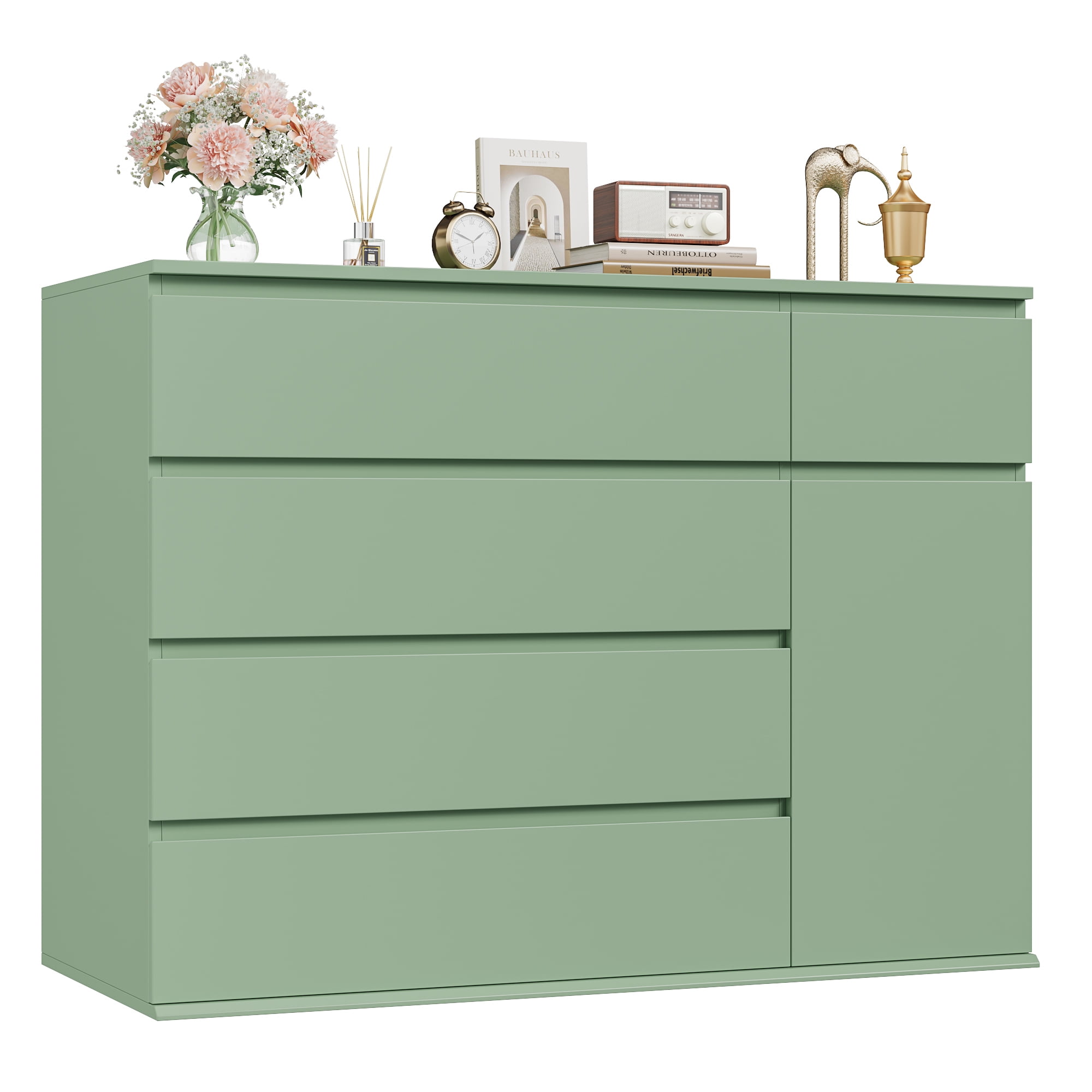 Homfa 5 Drawer Dresser with Door, Modern Accent Storage Cabinet Chests of Drawers for Bedroom Living Room, Green