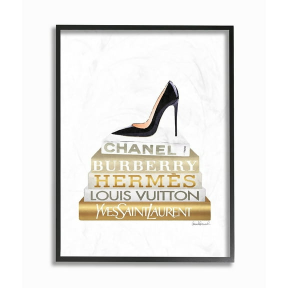 Stupell Industries Black Heels Gold White Bookstack Glam Fashion Design Framed Wall Art by Amanda Greenwood