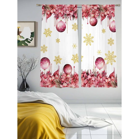 Pink Christmas Sheer Curtains 72 inches Long 2 Panels Set Balls Poinsettia Floral Winter Snowflake Tiers Sheers Rod Pocket Small Window Short Curtains for Kitchen Cafe, Each 52" W x 72" L