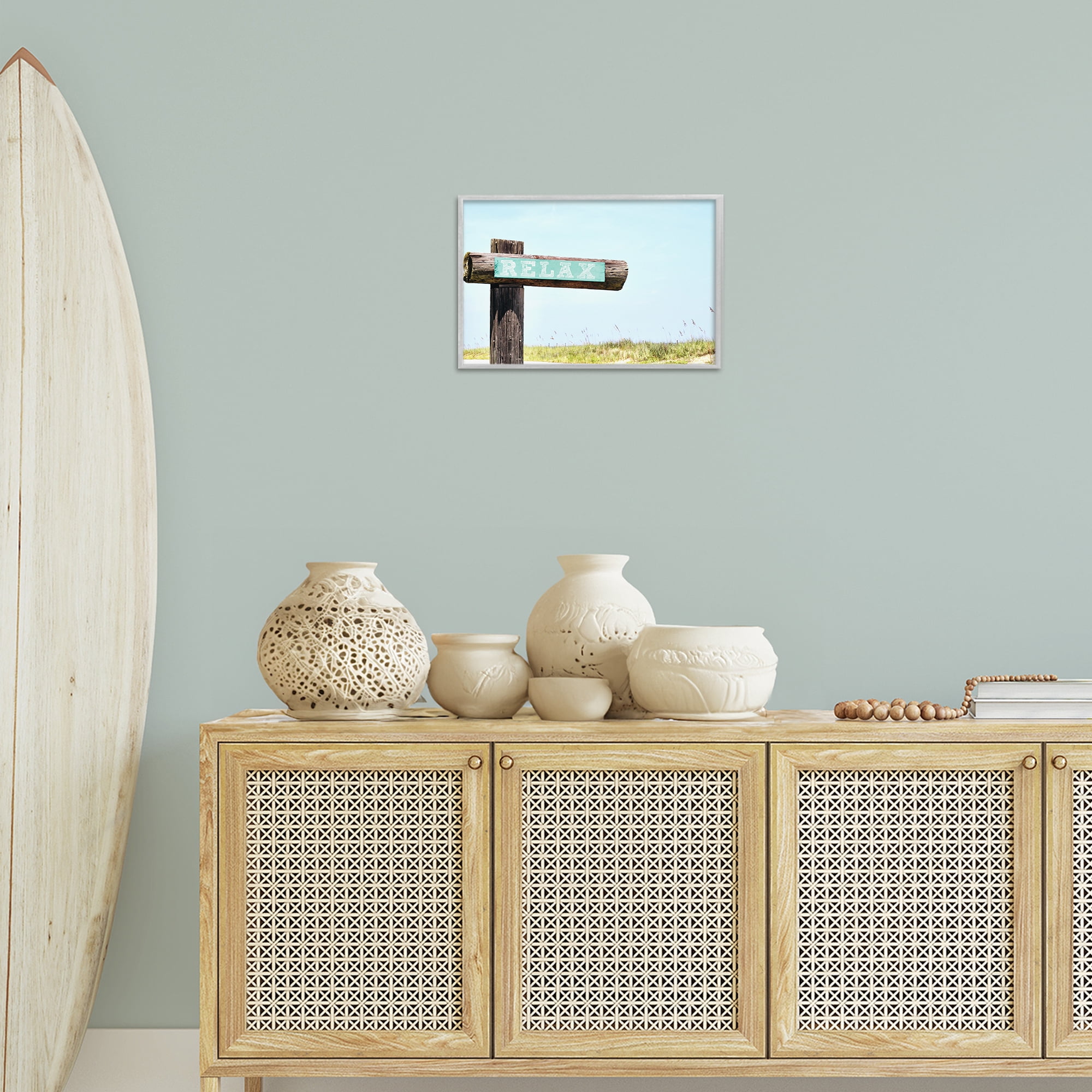 Stupell Industries Relax Sign on Beach Landscape Photography Gray Framed Art Print Wall Art, 18 x 12