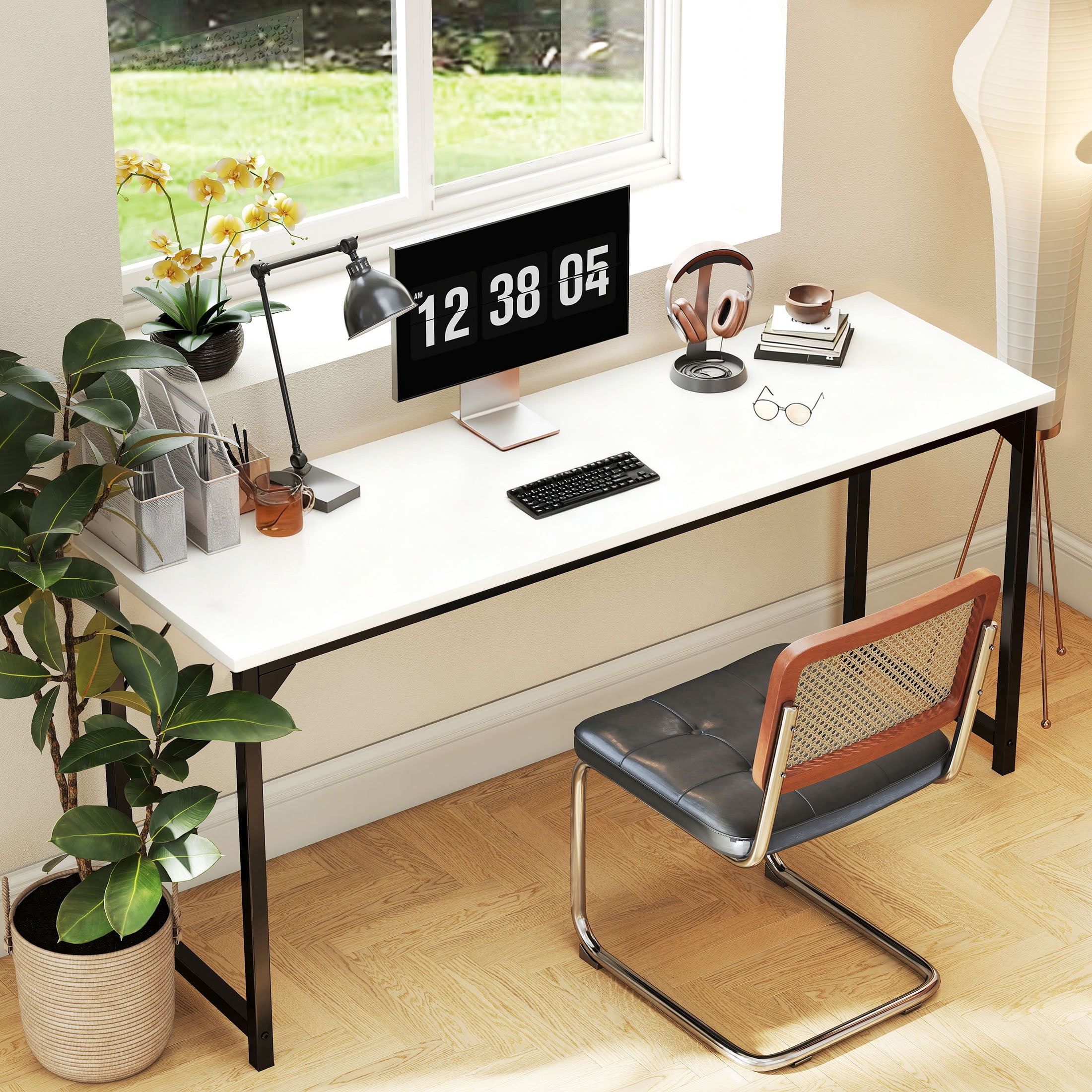 edx 63 inch Computer Desk Modern Writing Desk, Industrial Office Desk, Sturdy Laptop Table for Home Office, White