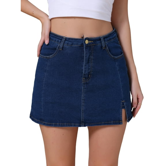 INSPIRE CHIC Women's Side Slit High Waisted A-Line Mini Denim Skirts S Dark Blue