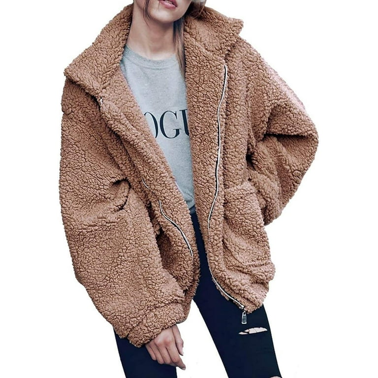 Women s Fashion Winter Coat Long Sleeve Lapel Zip Up Faux Shearling Shaggy Oversized Jacket
