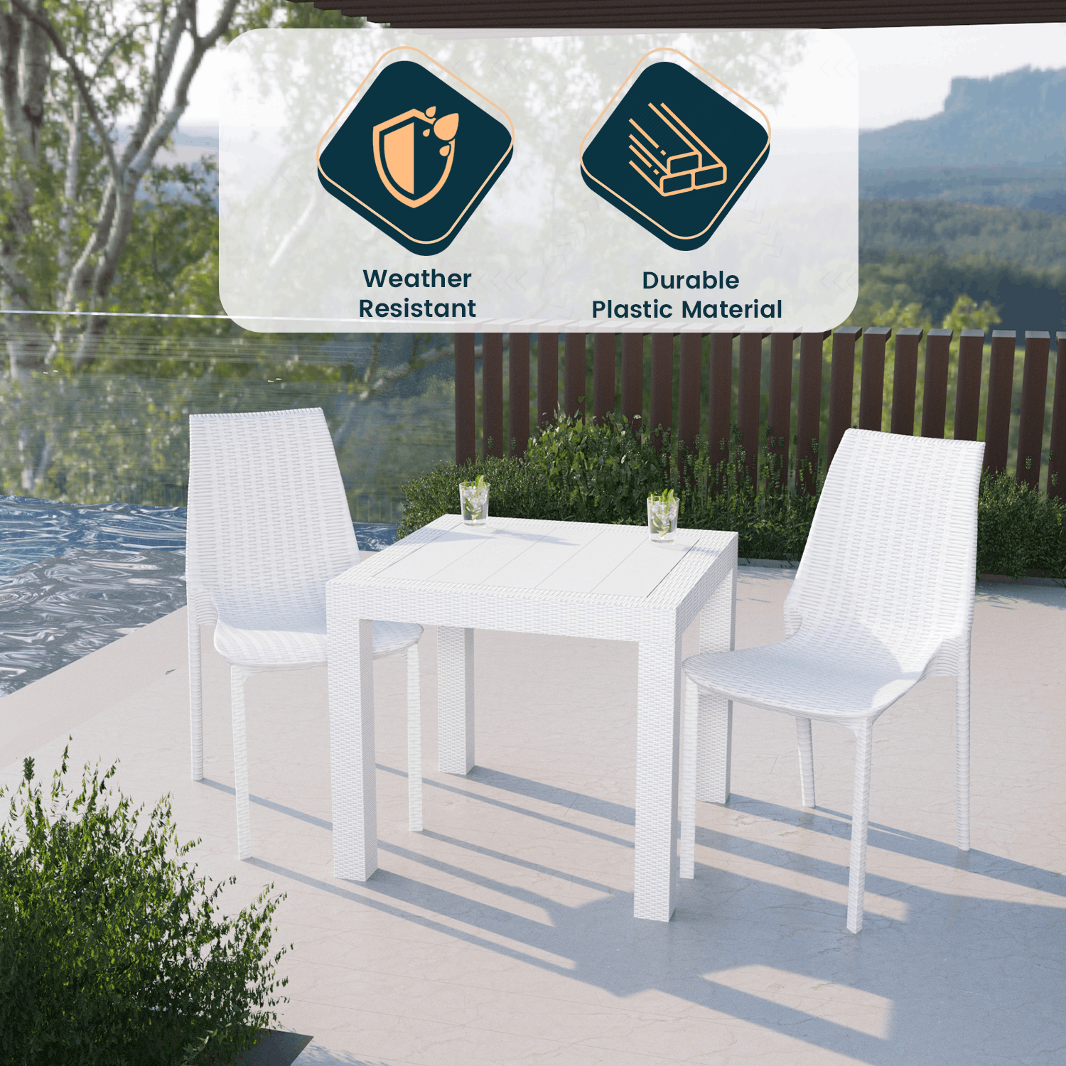 LeisureMod Kent Mid-Century Modern Weave Design 2-Piece Outdoor Patio Dining Set with Plastic Square Table and 2 Stackable Chairs for Patio, Poolside, and Backyard Garden (White) - image 2 of 18