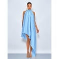 thumbnail image 4 of Blue Glossy Satin Halter Neck Asymmetrical High-Low Maxi Dress, Sleeveless Backless Evening Gown, 4 of 6