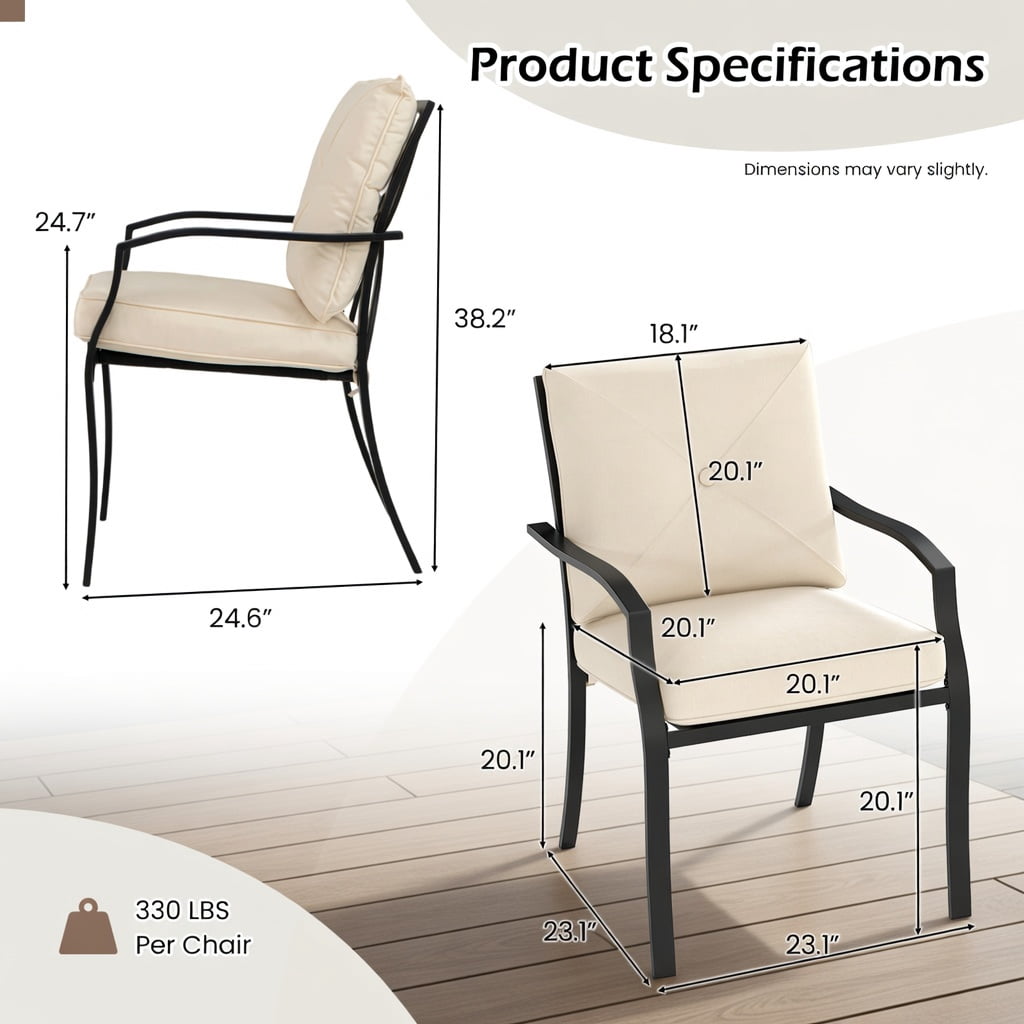 Hommoo 2-Pack Stackable Metal Outdoor Dining Chairs with Armrests, Olefin Cushions, Ergonomic Patio Seating for Backyard BBQs and Alfresco Dining, Beige & Black
