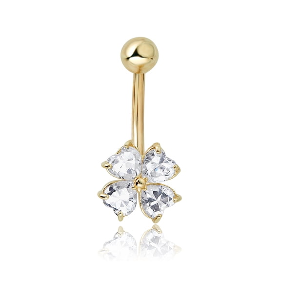 AVORA 10K Yellow Gold Heart-shaped Simulated Diamond CZ Flower Belly Button Ring Body Jewelry (14 Gauge)
