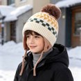 thumbnail image 2 of Hessimy Kids Geometric Pattern Knit Pom Beanie with Earflaps,Warm Winter Cuffed Ski Hat, 2 of 5