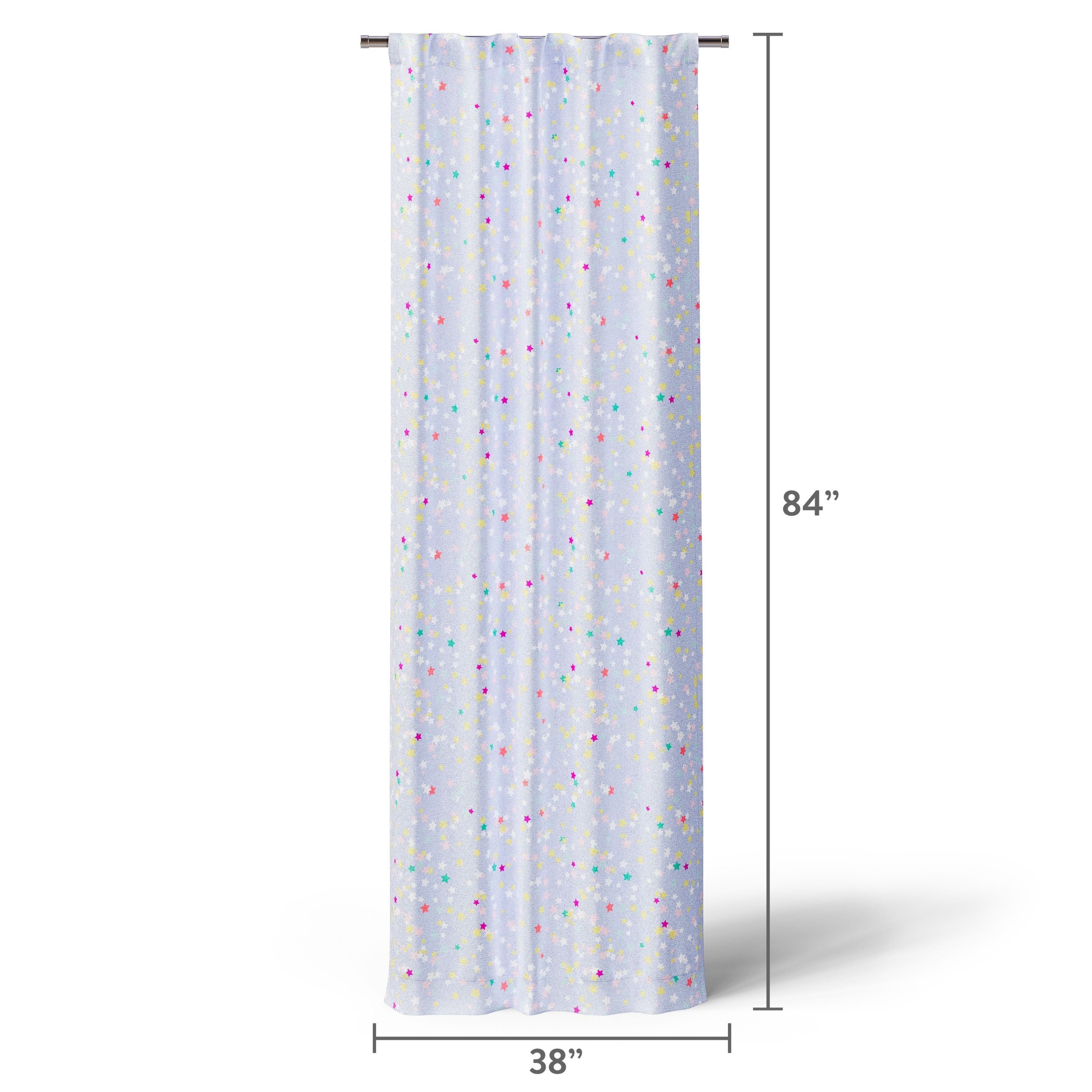 Mainstays Kids Light Purple Printed Glow in the Dark Blackout Rod Pocket with Back Tabs Single Curtain Panel, Multicolor Star Print, 38" W x 84" L