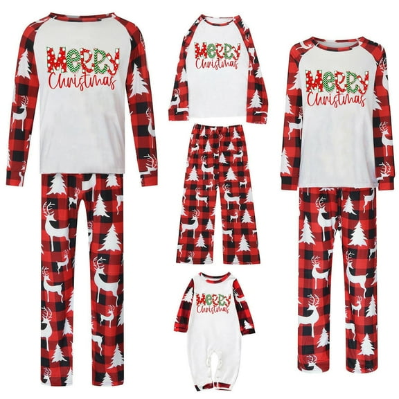Aofany Family Matching Christmas Pajamas, Long-Sleeved Letter Print Round Neck Tops Plaid Pattern Trousers Sleepwear Outfits