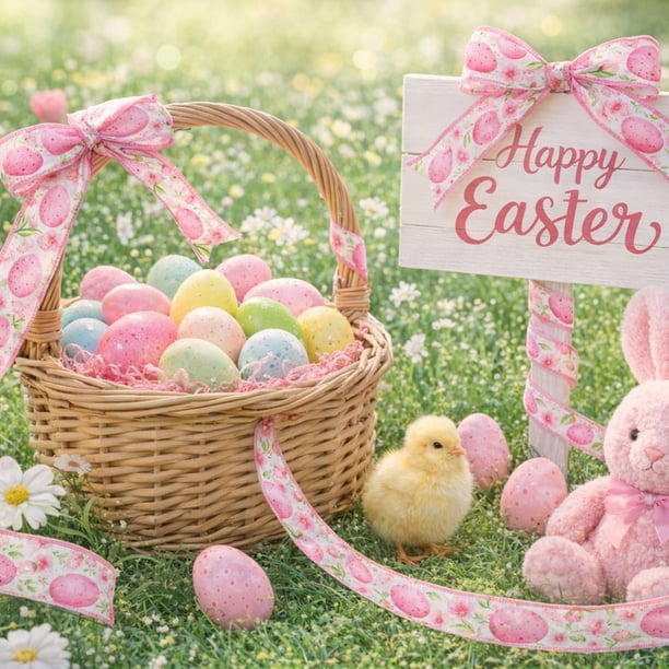 Decoraciones de Pascua. Cintas con estampado de huevos y conejitos de Pascua. Ideales para manualidades, envoltura de regalos, lazos de cinta, envoltura de ramos y decoraciones de coronas. Cinta de po