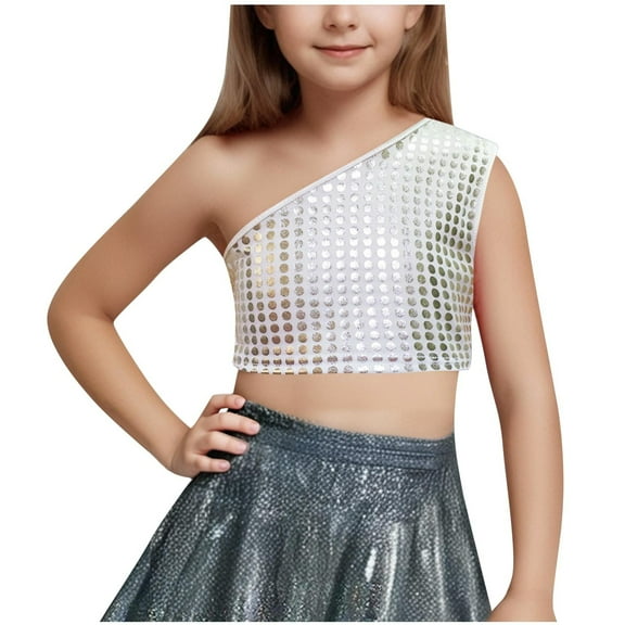 Diufon Girls Sparkly Tops Trendy Single Shoulder Party Glitter Crop Tops Performance Dance Shirt for Teen