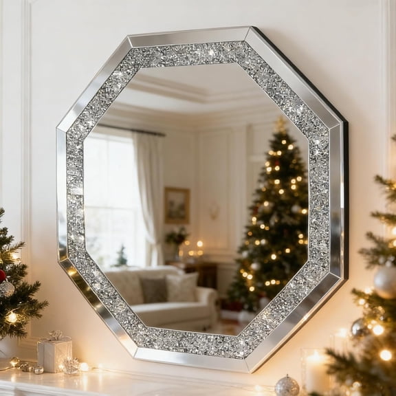 ARICOEASY Octagon Wall Mirror 27" x 27", Modern Crushed Diamond Silver Wall Mirror with Beveled Edge, Large Decorative Mirror for Living Room, Bedroom, Entryway