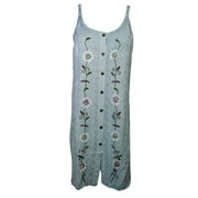 Mogul Womens Shift Dress Blue Floral Embroidered Button Front Scoop Neck Sleeveless Dresses