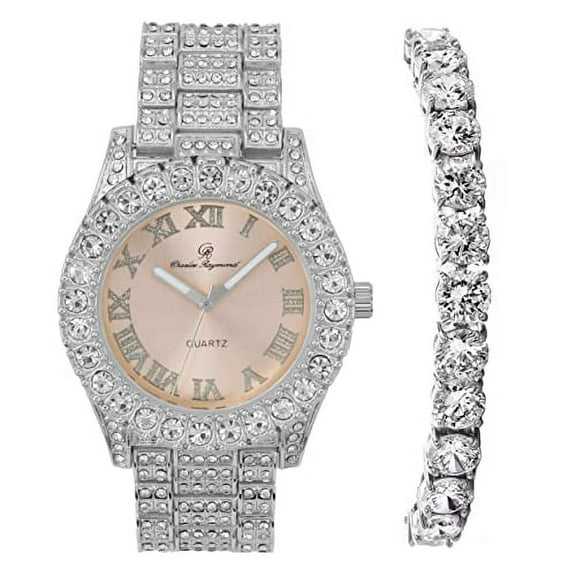 Women's Big Rocks Bezel Colored Dial with Roman Numerals Fully Iced Out Watch w/Matching Bling'ed Out Tennis Bracelet - ST10327LA (TLA Silver - Blush)