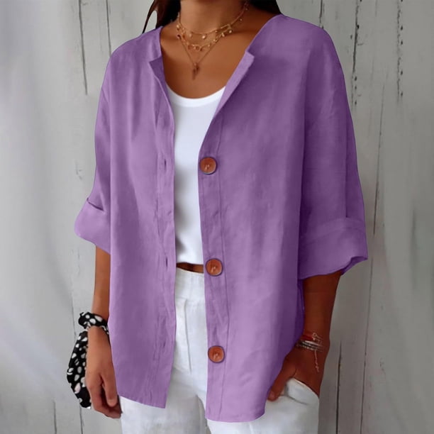 TaTaai Women's Summer Cardigan Top V-Neck Long Sleeve Linen Cotton Blend Button Front Loose Fit Casual Blouse Gift