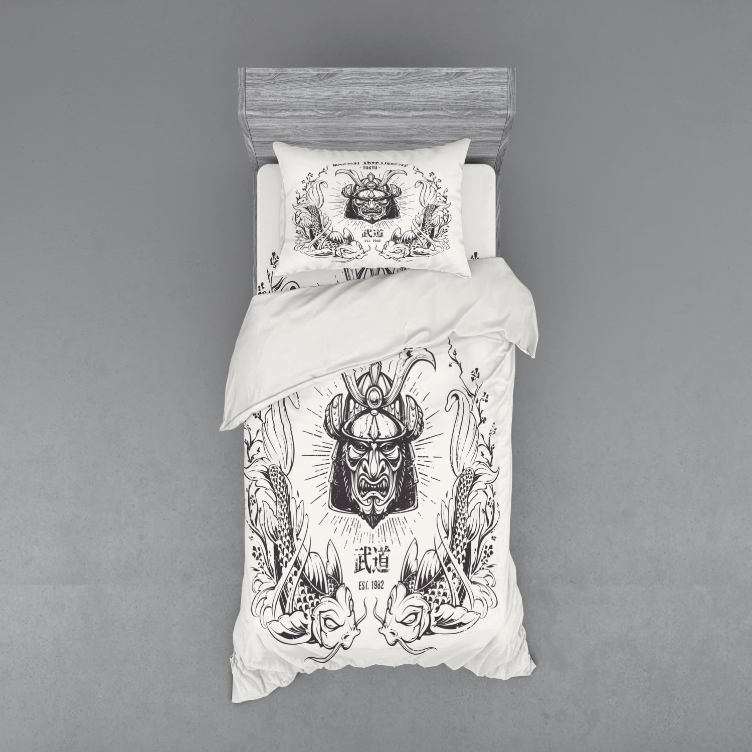 Asian Duvet Cover Set, Traditional Japanese Samurai Mask Koi Fish