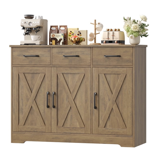 Homfa 42.5''Kitchen Buffet Sideboard Cabinet, 3 Drawers Farmhouse Storage Cabinet with Adjustable Shelf, Rustic Brown