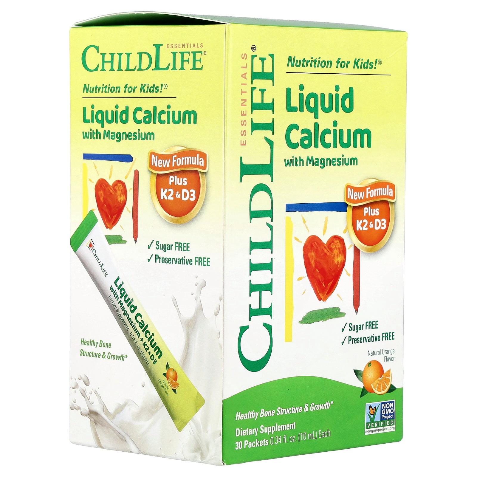 ChildLife Essentials Liquid Calcium with Magnesium Plus K2 & D3, Natural Orange, 30 Packet, 0.34 fl oz (10 ml)