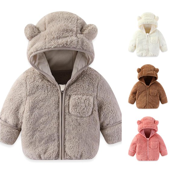 LIUYUNNN Baby Boys Girls Winter Coat With Fold Over Mittens Outwear Jacket Warm Clothes Bear Hooded Boys All Weather Jacket Kids, Size 12-18 Months