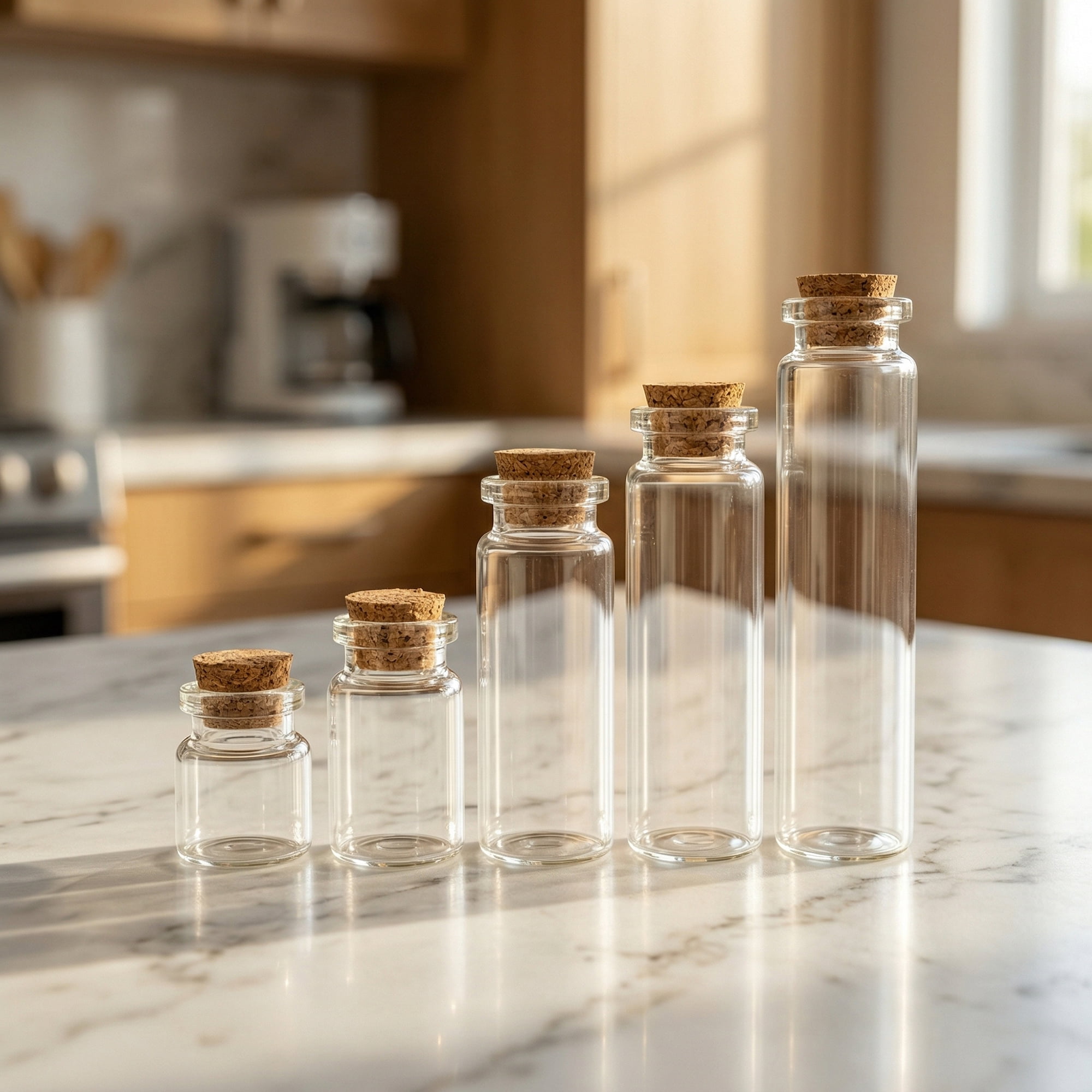 Unique Bargains 5Pcs Assorted Mini Glass Bottles with Cork Stoppers Cork Cap 1"L x1"W x 4"H