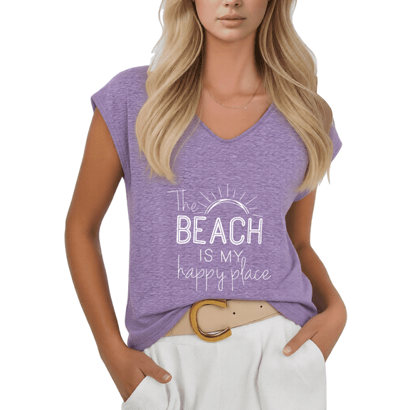 Cozymy Women V-Neck Sleeveless T-Shirt Beach Is My Happy Place Sun Graphic Casual Summer Plus Size Tee S-5XL