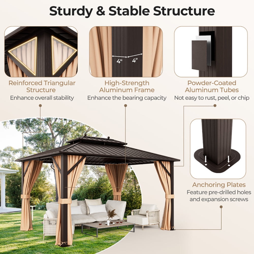 Aimee Lii 10x13ft Double-Roof Patio Hardtop Gazebo with Galvanized Steel Roof Netting and Curtains, Canopy Gazebo for Party BBQ Events, Coffee