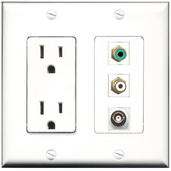 RiteAV - 15 Amp Power Outlet 1 Port RCA White 1 Port RCA Green 1 Port BNC Decorative Wall Plate