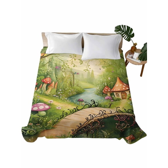 Twin Flat Sheet 66"x96", Mushroom Forest Soft Lightweight Bedding Flat Sheets Only, Green Fantasy Cottage Vintage Plant Lake Brushed Microfiber Top Bed Sheet, Breathable StainResistant Bedsheets