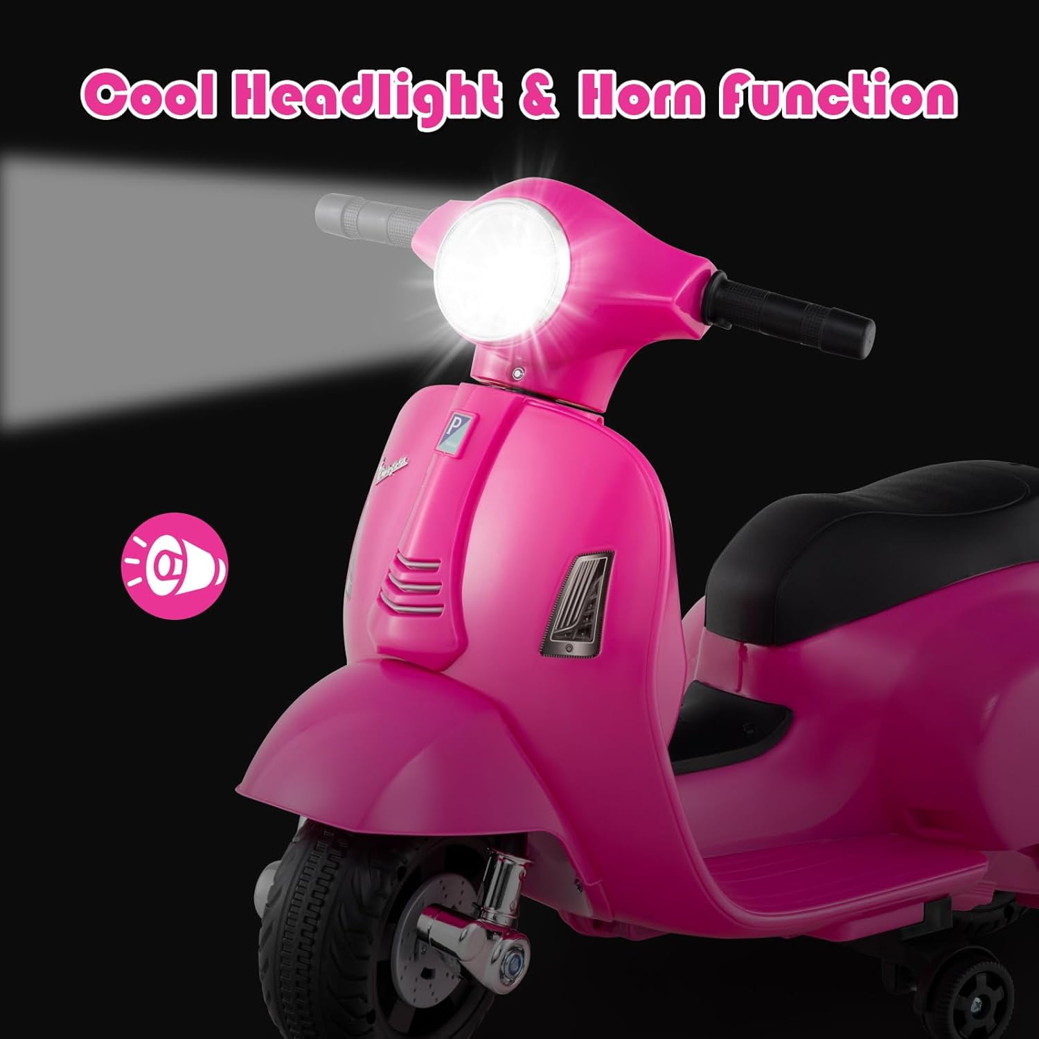 Licensed Vespa Kids Motorcycle by OLAKIDS, 6V Battery Powered Motorbike for Toddlers with Training Wheels, Horn, LED Lights, Electric Ride on Toys for Boys Girls Aged 18-36 Months