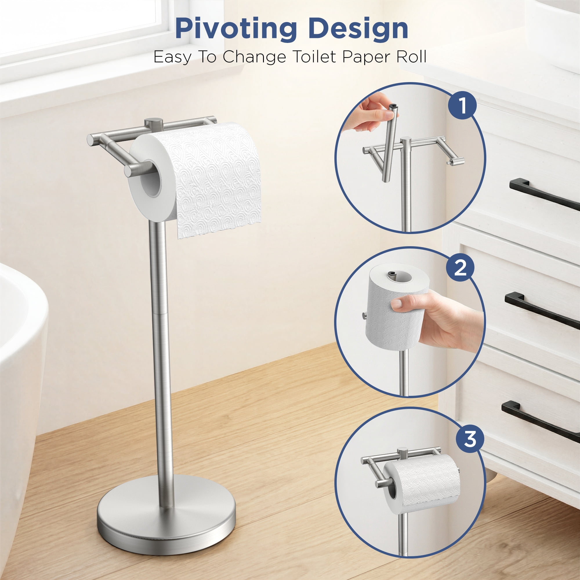 TVOFEK Freestanding Toilet Paper Holder Stand, Toilet Roll Holder Stainless Steel, Post Pivoting Design & Stable Weighted Base, Brushed Nickel