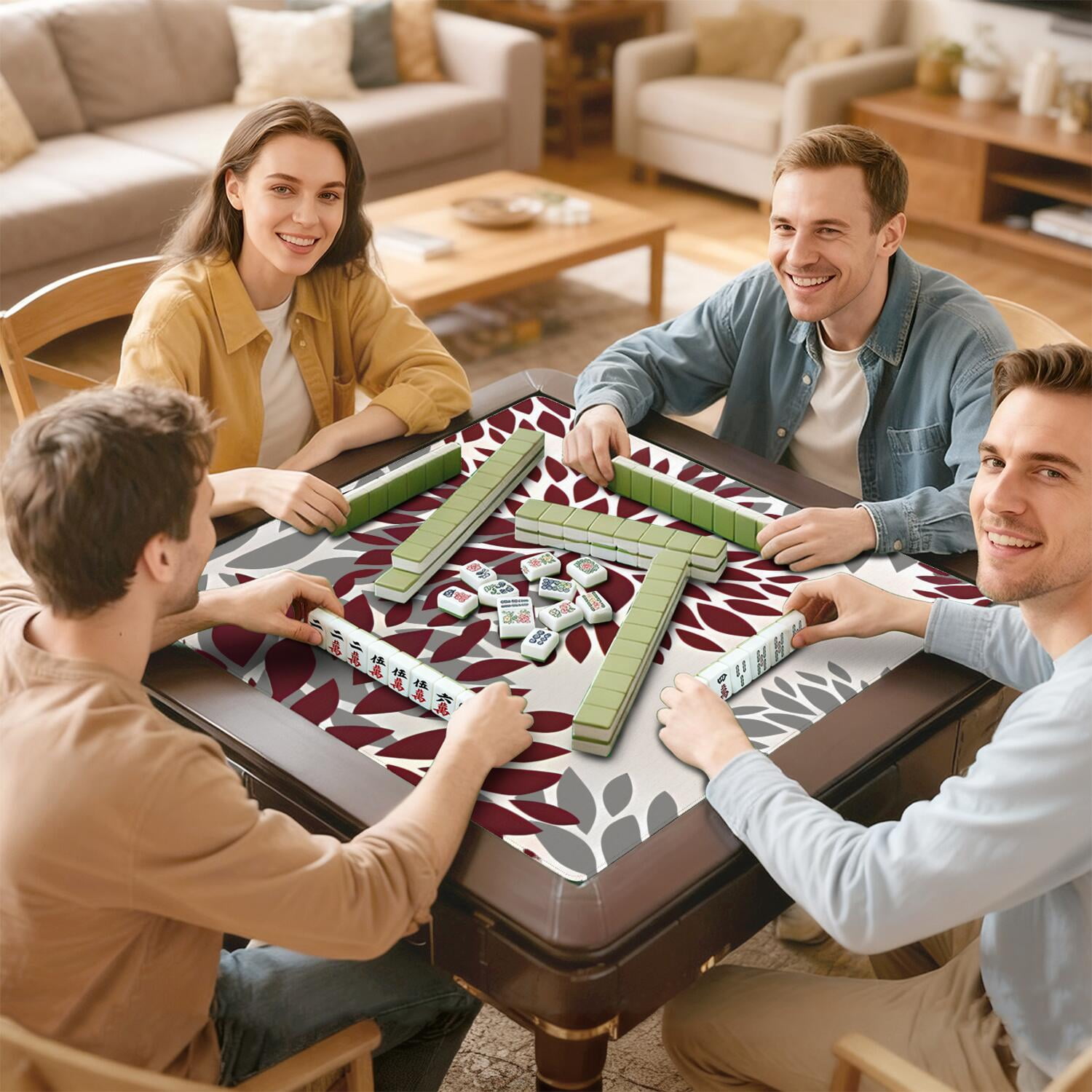 Traditional Boho Style Non-Slip Game Pad for Mahjong Tables 31.5 Inch Square Rubber Mat with Quiet Surface for Card Games Board Games and Game Nights