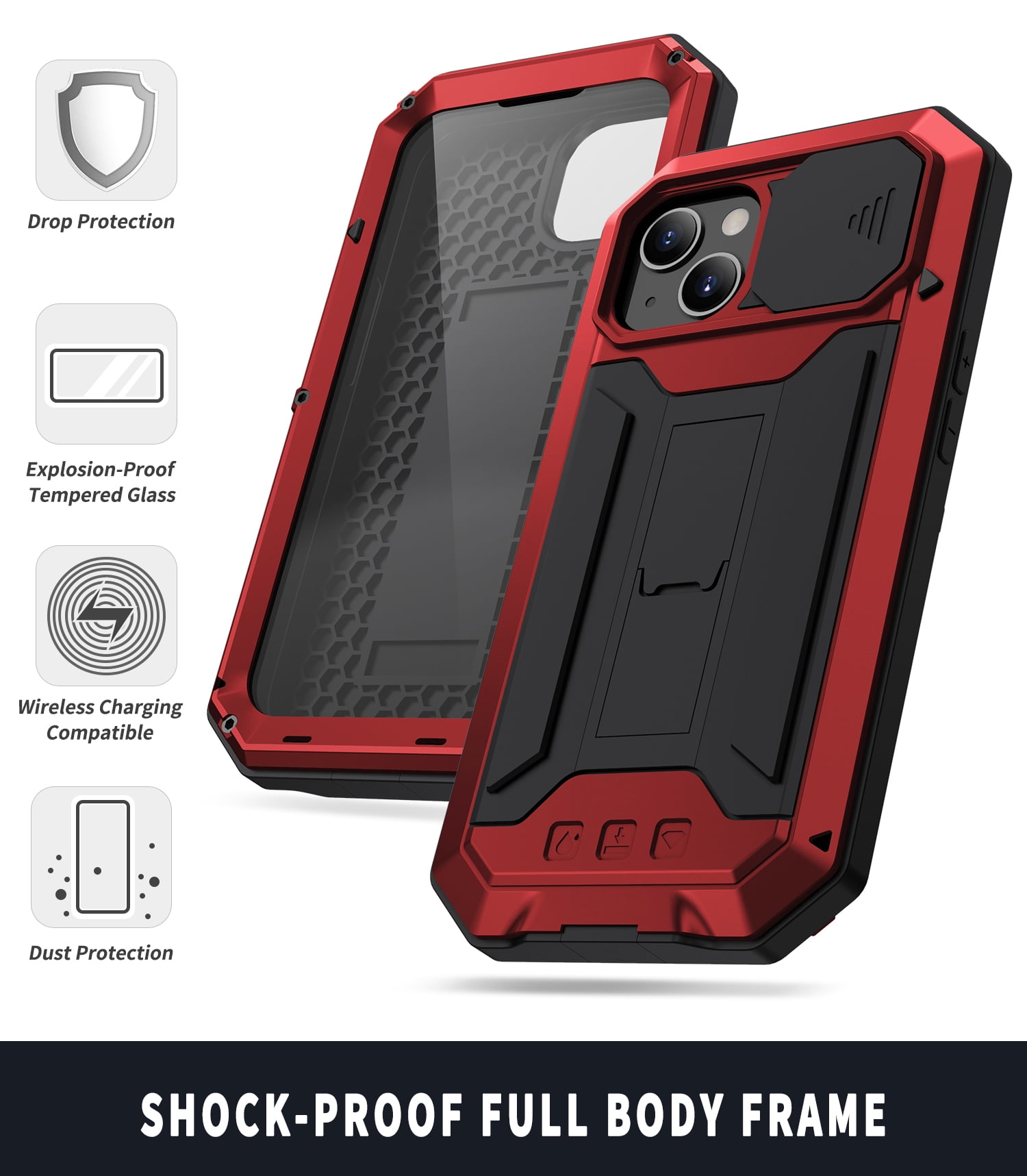 Compatible with iPhone 13 Case with Built-in Glass Screen Protector, Allytech Full Body Shockproof Life Waterproof Kickstand Slide Camera Lens Protective Case for iPhone 13 5G 6.1" 2021, Red
