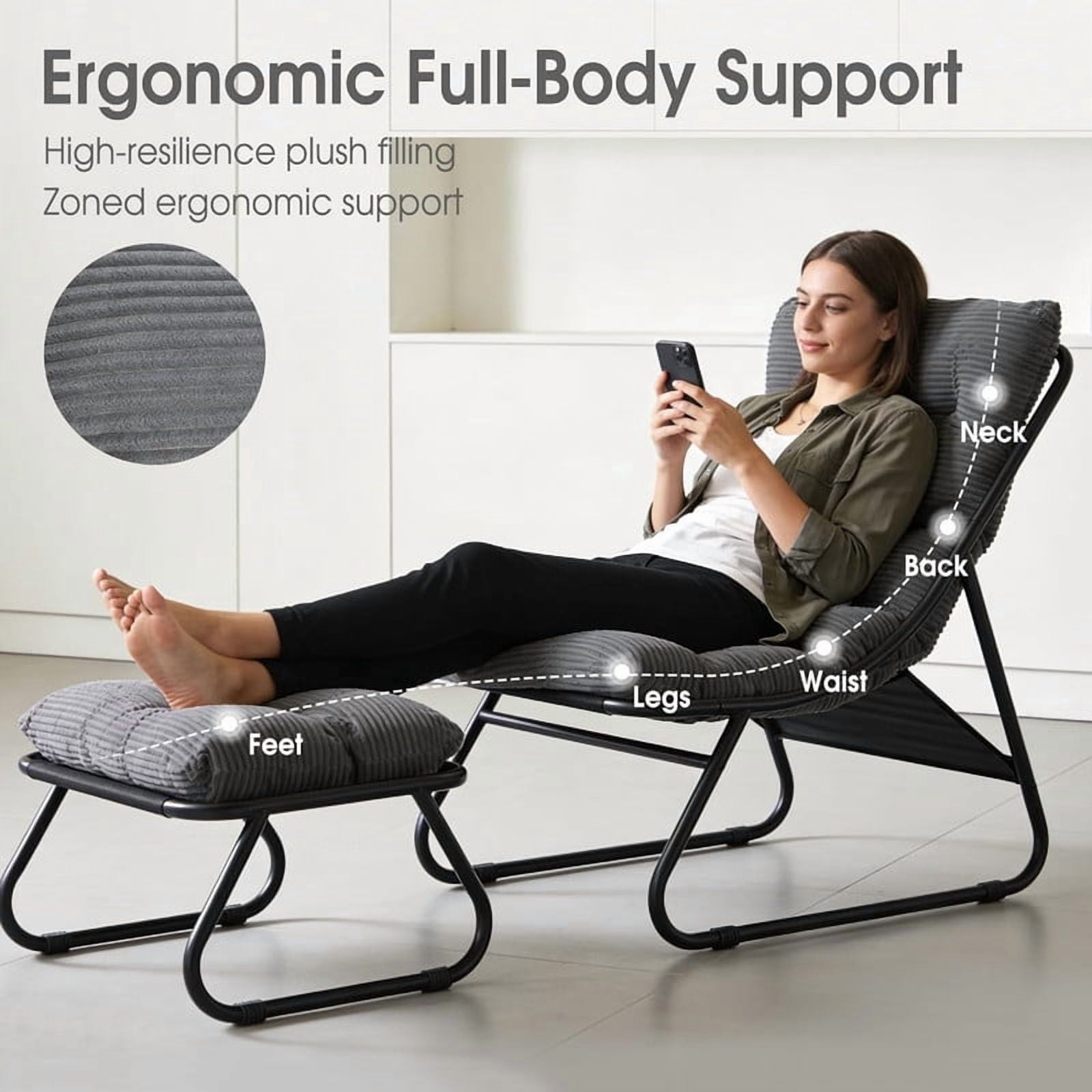Modern Patio Lounge Chair with Ottoman, Comfy Sling Recliner Chair with Puffy Cushion and Foot Stool for Indoor Outdoor Living Room