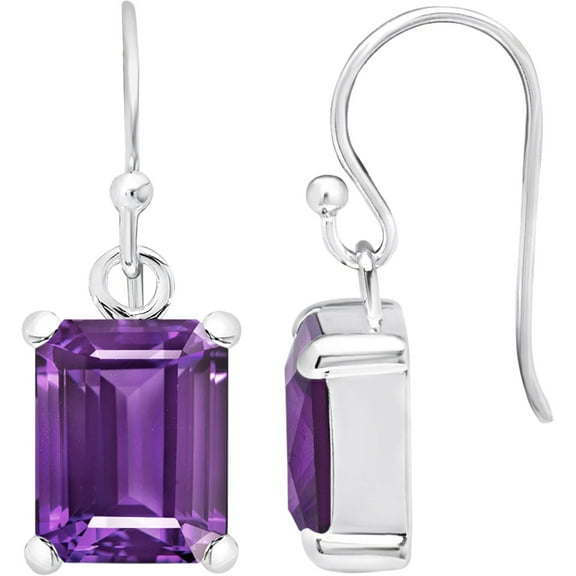 Sterling Silver 10x8mm Emerald Cut Amethyst Drop Dangle Earrings