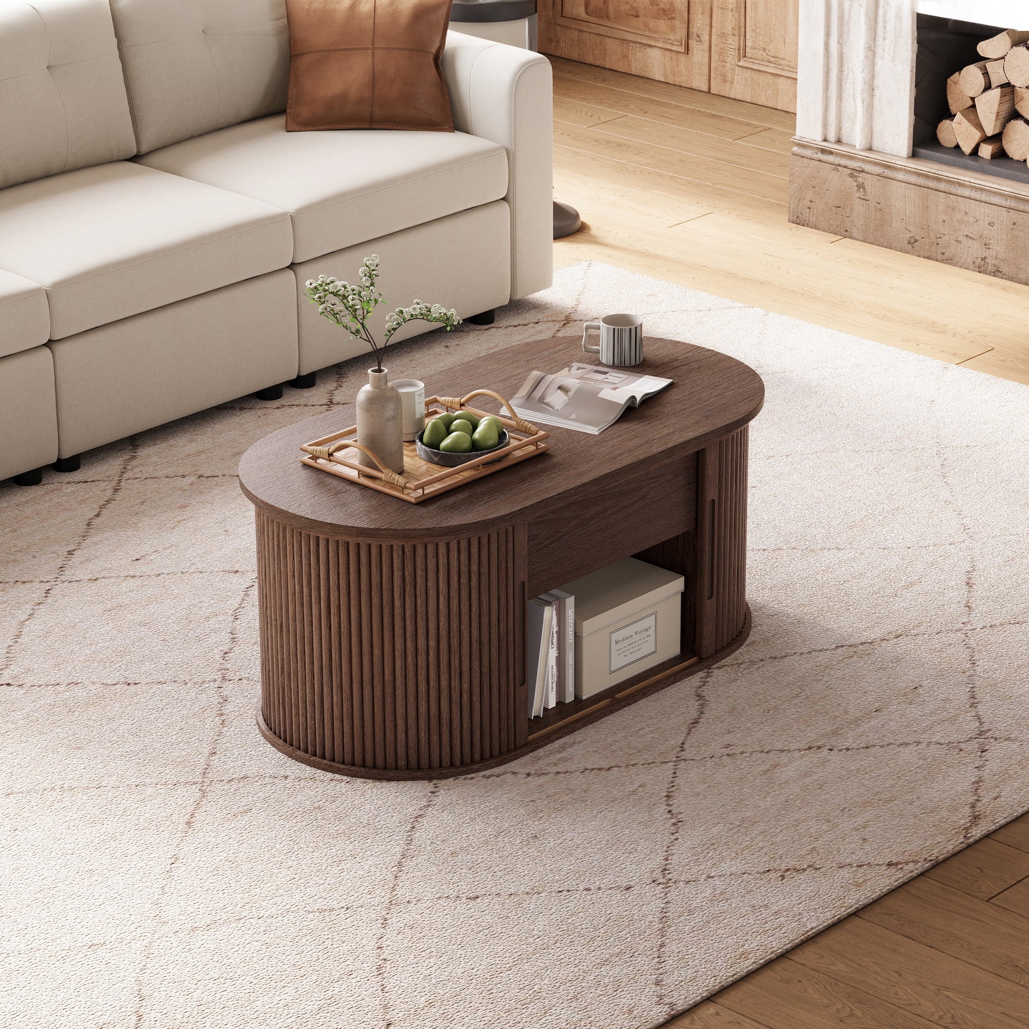 Linsy Home Lift Top Fluted Coffee Table with Storage, Mid-Century Coffee Table for Living Room with Sliding Tambour Door, Walnut