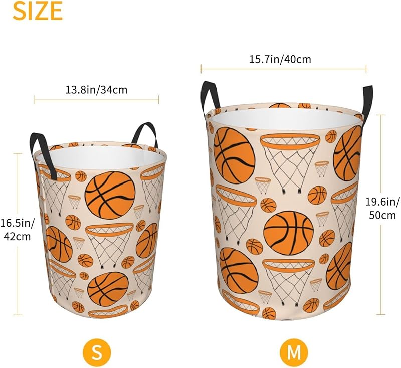 Basketball Balls Sport Theme Round Laundry Hamper Storage Basket Toys Clothes Organizer Bin For Home Bathroom Bedroom Dorm Nursery