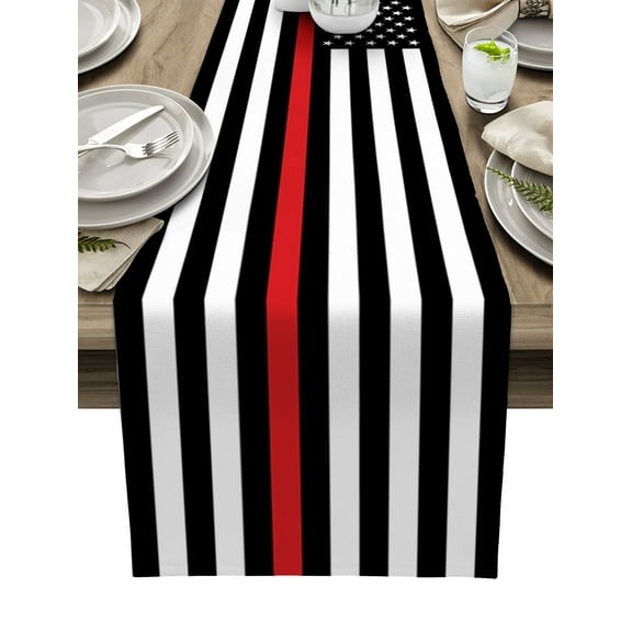 Table Runner Dresser Scarf 13 x 90 Inch Thin Red Line Flags American Firefighter Red Stripes Flag Table Runners Non-Slip Heat Kitchen Dining Table Decor for Kitchen Farmhouse Indoor Outdoor Home