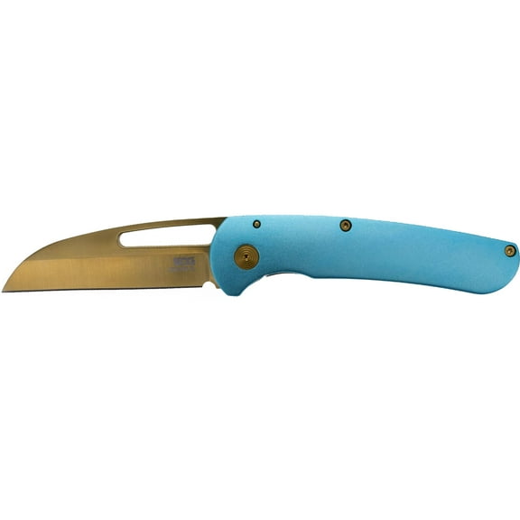 SOG Escape FL Pocket Knife 3" Sheepsfoot 9Cr13CoMoV Gold Blade Stainless Steel Handle Blue