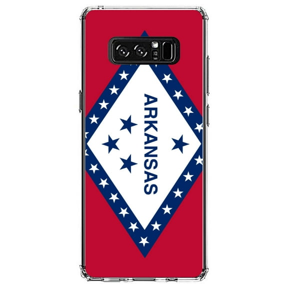 DistinctInk Clear Shockproof Hybrid Case for Samsung Galaxy Note 8 - TPU Bumper, Acrylic Back, Tempered Glass Screen Protector - Arkansas State Flag - US State Flag