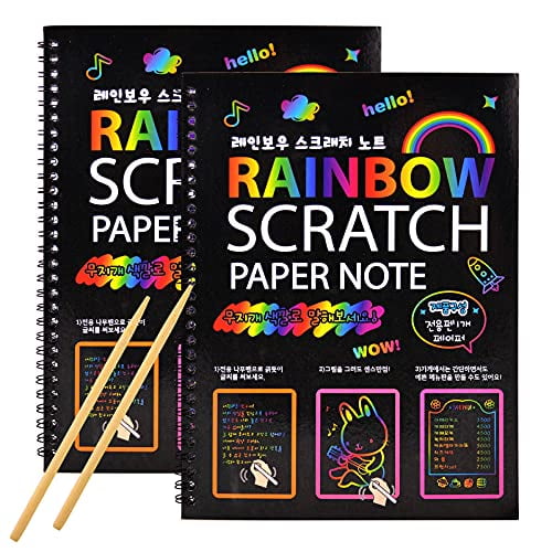 Scratch Art Books for Kids,2 Pack Rainbow Magic Scratch Paper Black Scratch it Off Art Crafts Notes Boards Sheet with 2 Wooden Stylus for Best Gifts