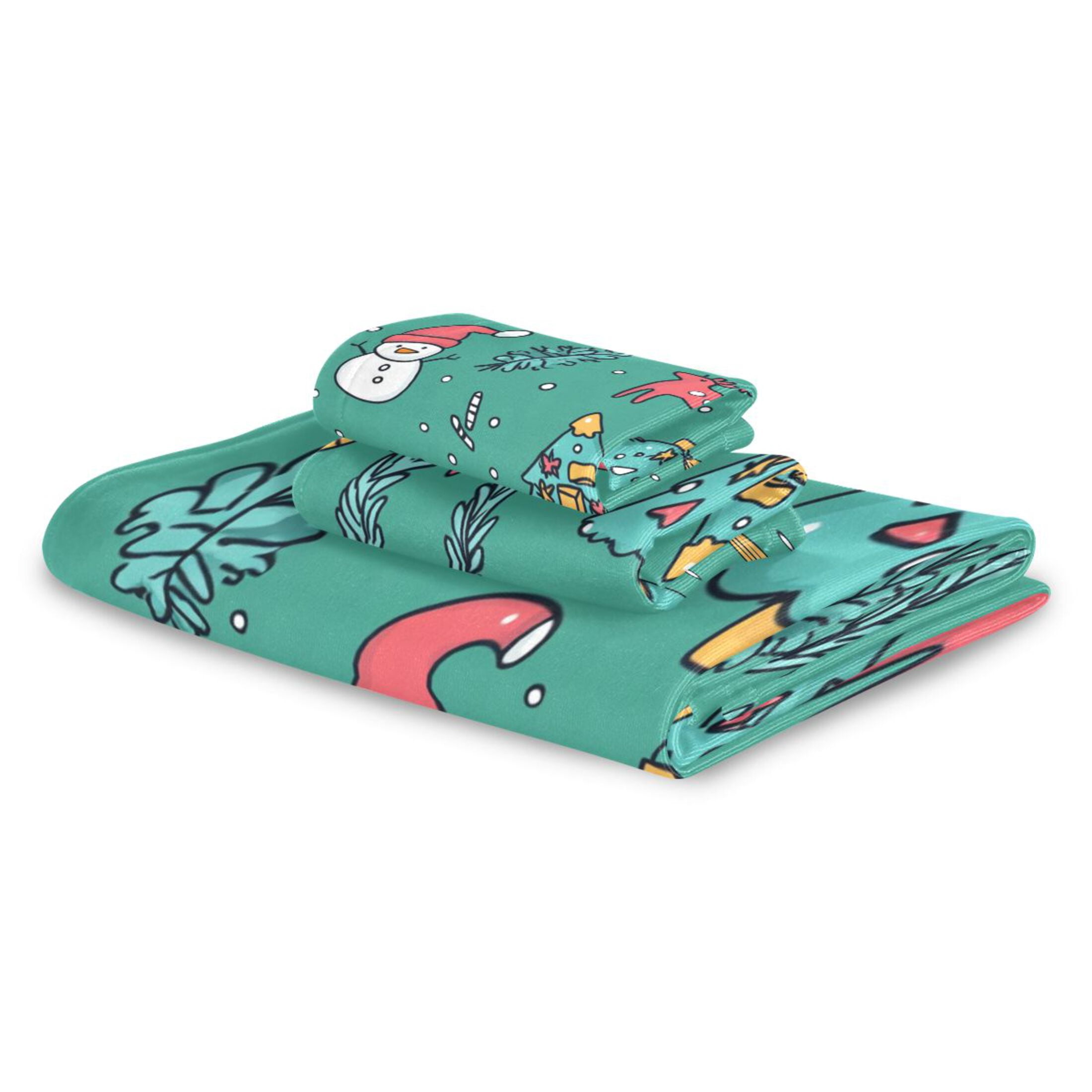 WOBOGO Cartoon Christmas Patterns with Simple Lines Ultra Soft 3 Pack Cotton Towel Set Includes 60 x 30in Bath Towel 28 x 16in Face Towel and 13 x 13in Small Square Towel for Everyday Use Lightweight